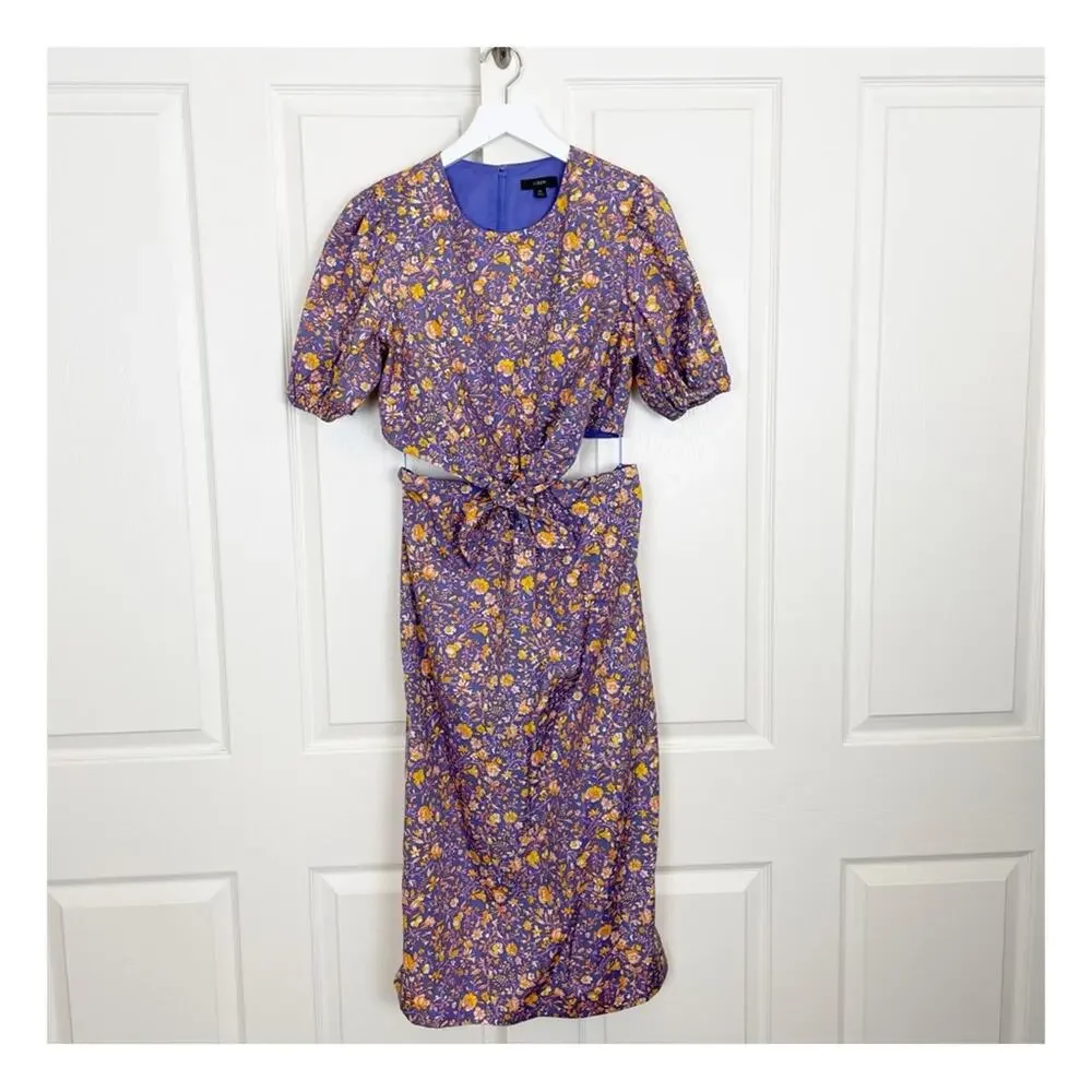 J. Crew Midnight Floral Cutout Midi Dress Puff Sleeve Cotton Poplin NWOT Sz 10